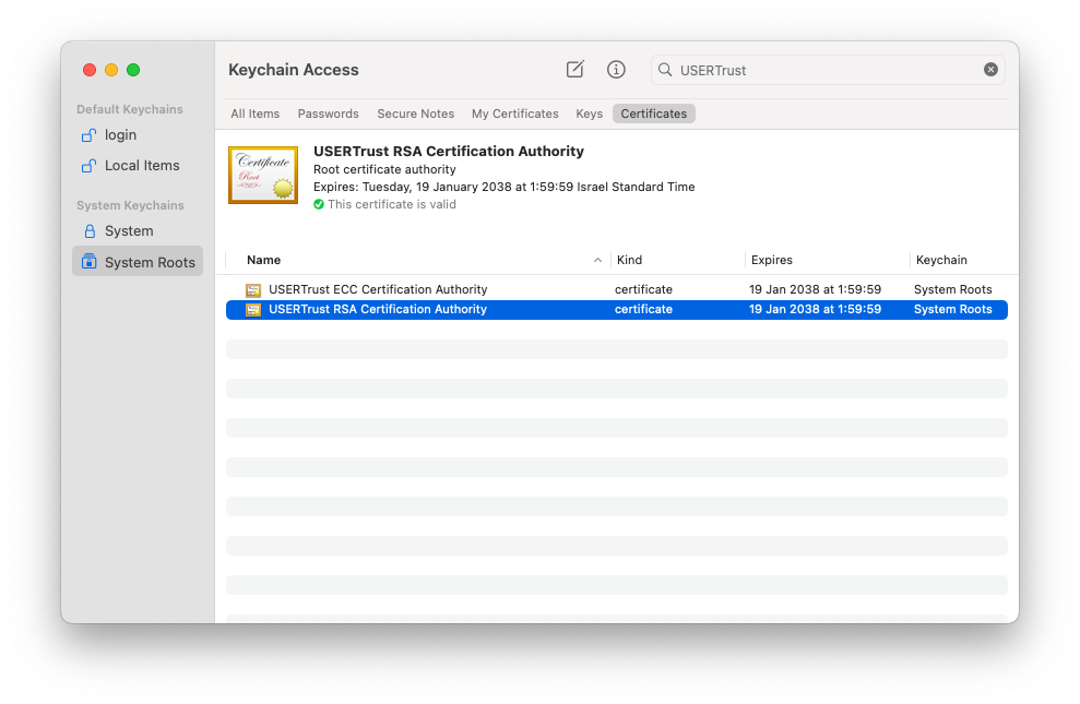 Screenshot of MacOS settings showing a built-in certificate